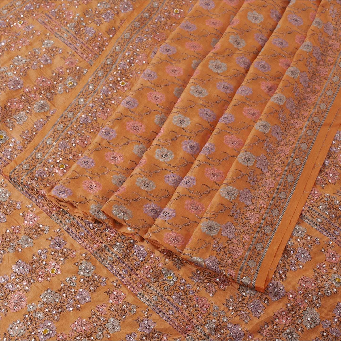 Sanskriti Vintage Orange Sarees 100%Pure Silk Hand Beaded Woven Sari 5+yd Fabric