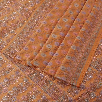 Sanskriti Vintage Orange Sarees 100%Pure Silk Hand Beaded Woven Sari 5+yd Fabric