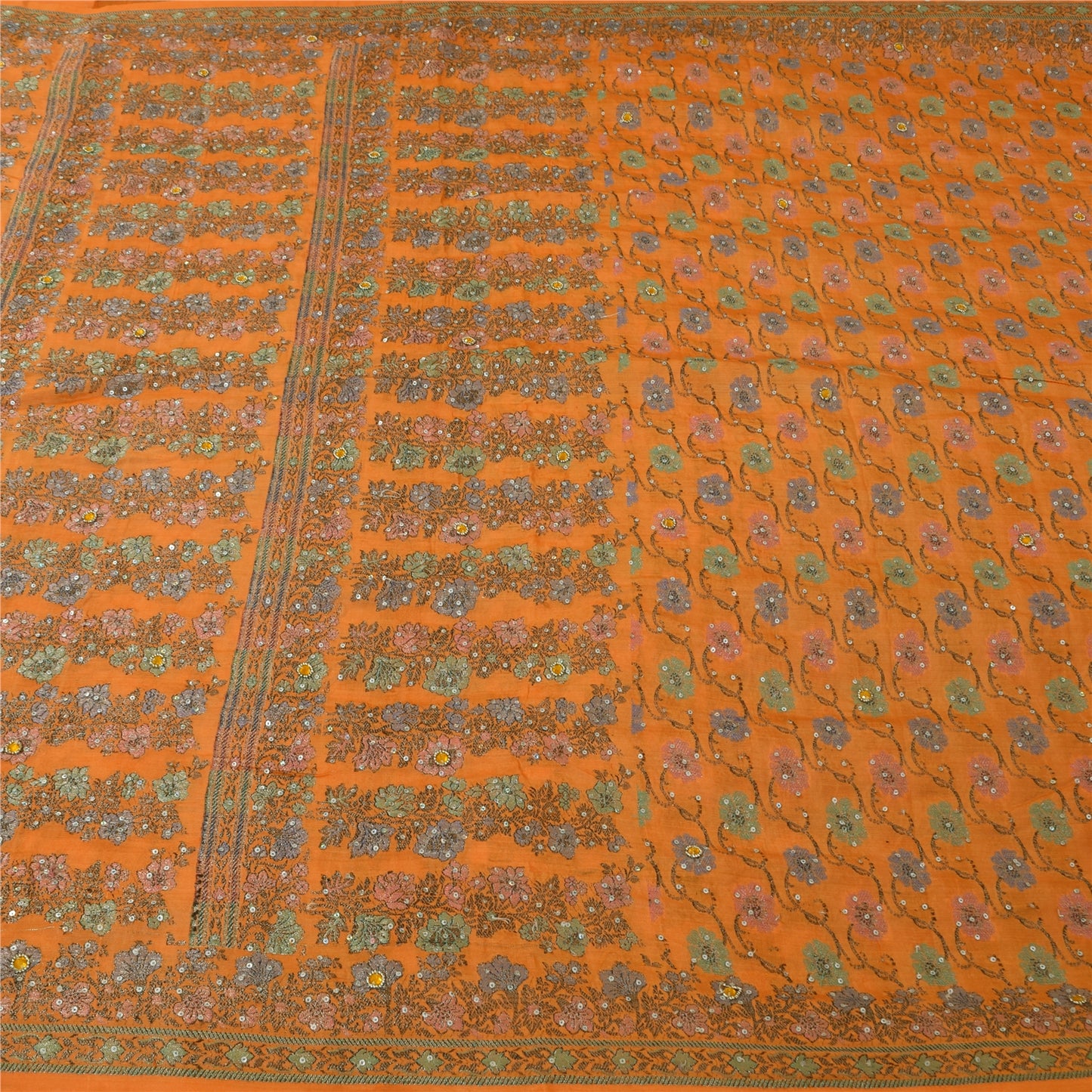 Sanskriti Vintage Orange Sarees 100%Pure Silk Hand Beaded Woven Sari 5+yd Fabric