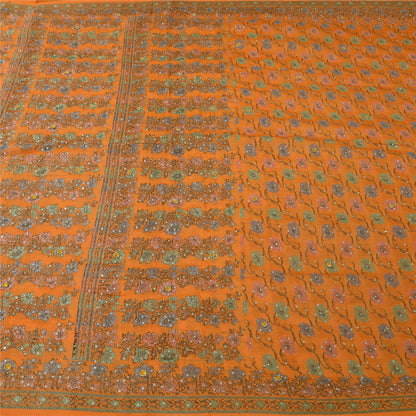 Sanskriti Vintage Orange Sarees 100%Pure Silk Hand Beaded Woven Sari 5+yd Fabric