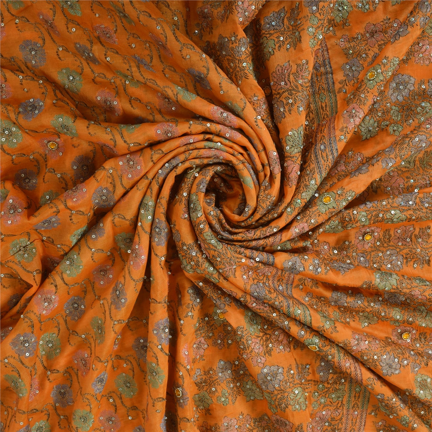 Sanskriti Vintage Orange Sarees 100%Pure Silk Hand Beaded Woven Sari 5+yd Fabric