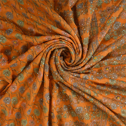 Sanskriti Vintage Orange Sarees 100%Pure Silk Hand Beaded Woven Sari 5+yd Fabric