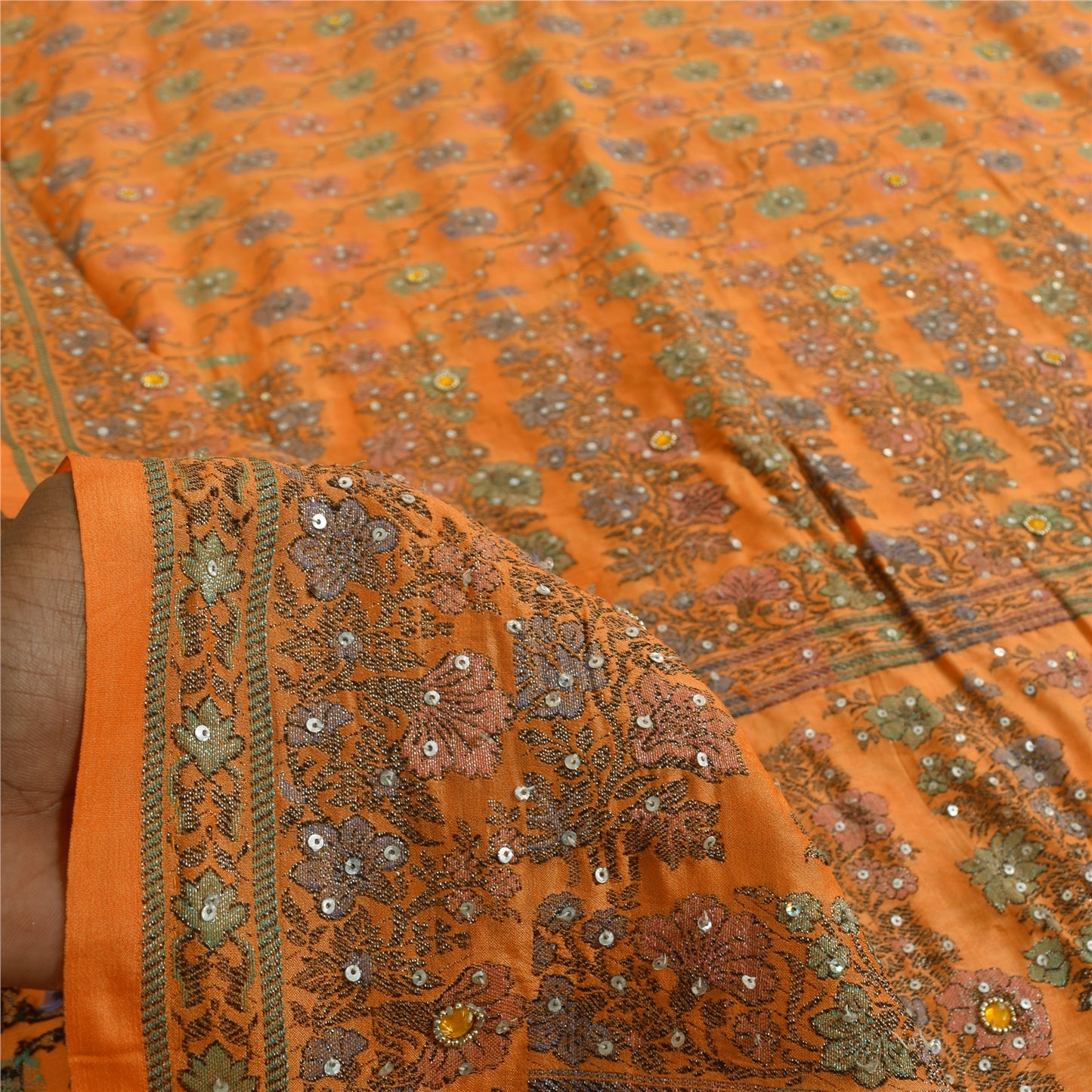Sanskriti Vintage Orange Sarees 100%Pure Silk Hand Beaded Woven Sari 5+yd Fabric