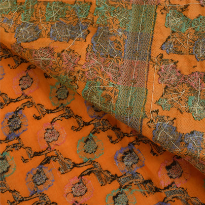 Sanskriti Vintage Orange Sarees 100%Pure Silk Hand Beaded Woven Sari 5+yd Fabric
