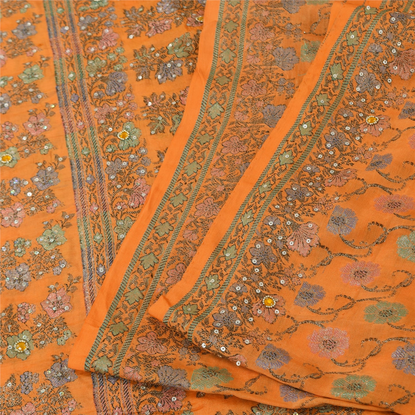 Sanskriti Vintage Orange Sarees 100%Pure Silk Hand Beaded Woven Sari 5+yd Fabric