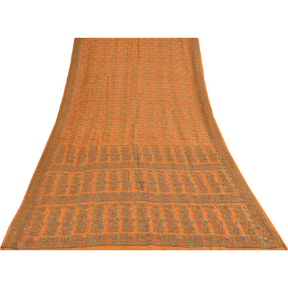 Sanskriti Vintage Orange Sarees 100%Pure Silk Hand Beaded Woven Sari 5+yd Fabric