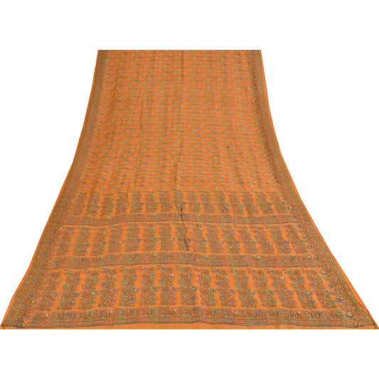 Sanskriti Vintage Orange Sarees 100%Pure Silk Hand Beaded Woven Sari 5+yd Fabric