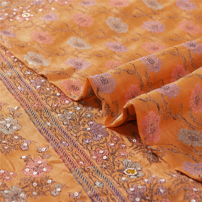 Sanskriti Vintage Orange Sarees 100%Pure Silk Hand Beaded Woven Sari 5+yd Fabric