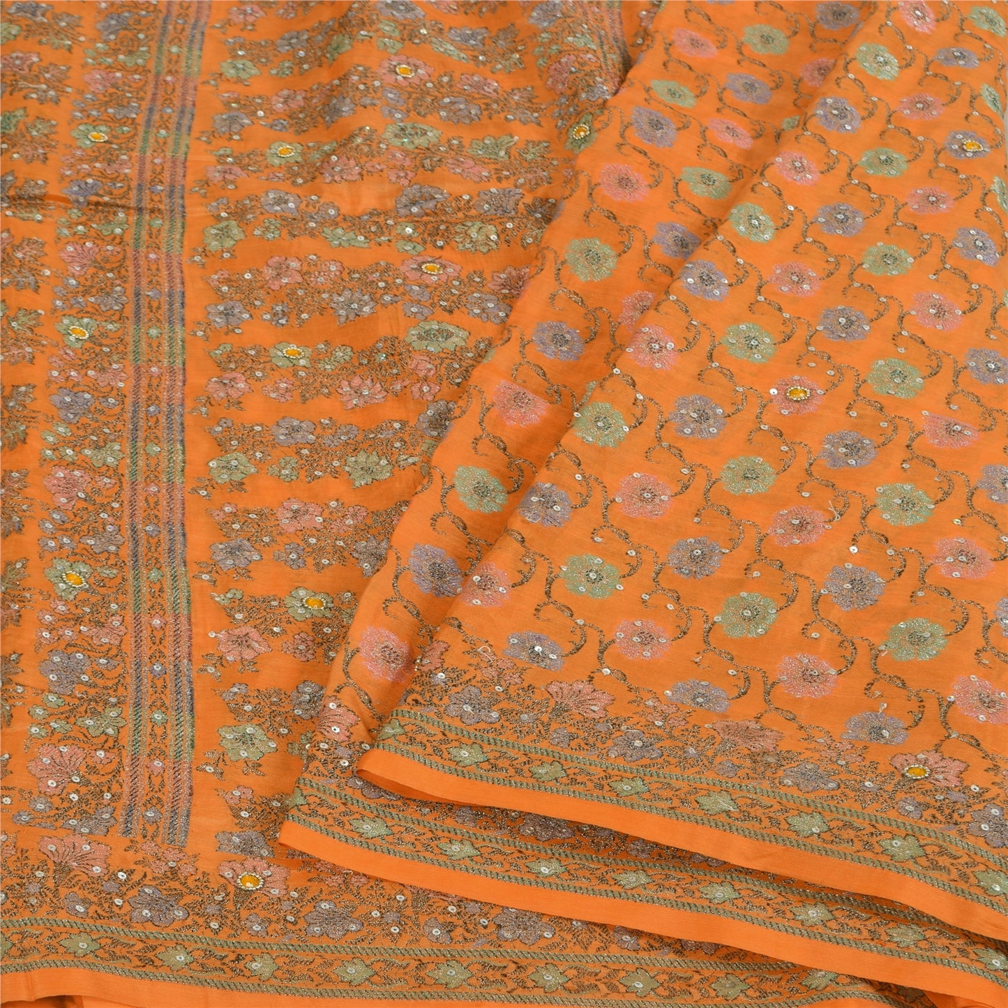 Sanskriti Vintage Orange Sarees 100%Pure Silk Hand Beaded Woven Sari 5+yd Fabric