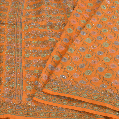 Sanskriti Vintage Orange Sarees 100%Pure Silk Hand Beaded Woven Sari 5+yd Fabric