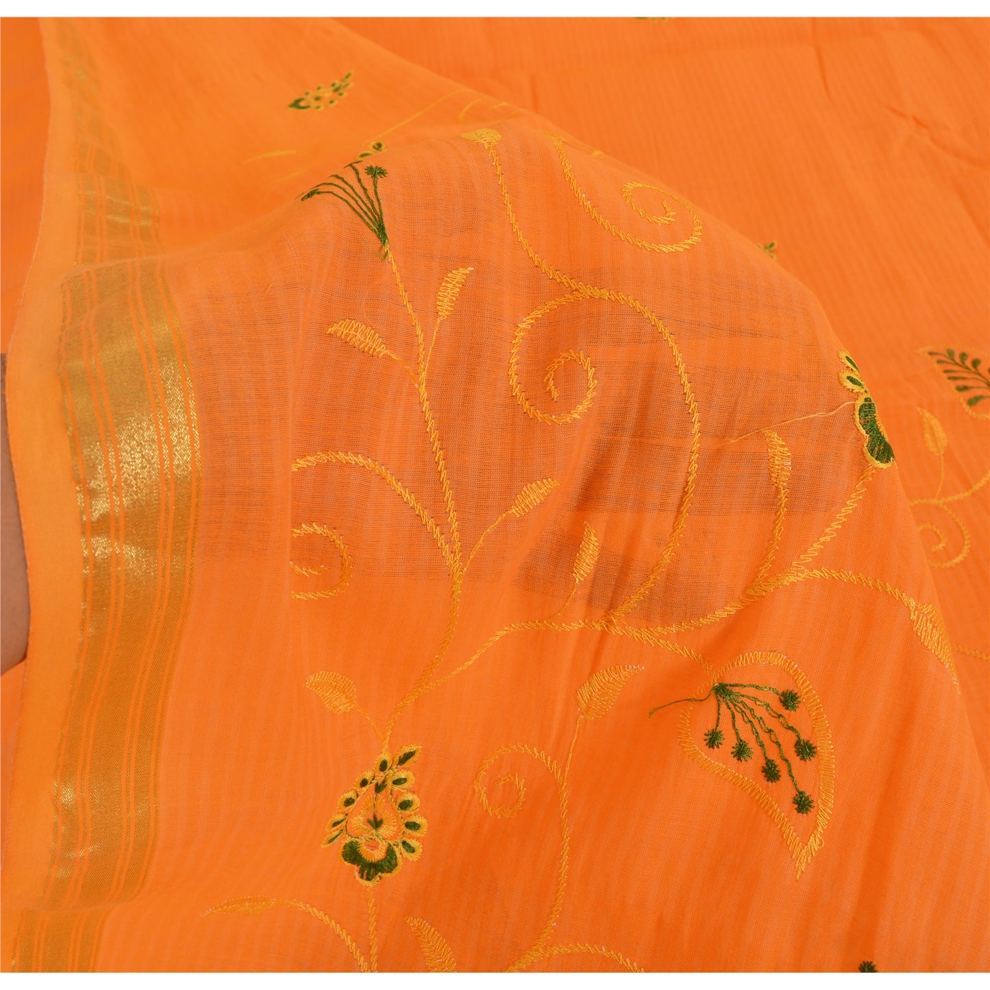 Sanskriti Vintage Orange Sarees Blend Cotton Embroidered Premium Sari 5yd Fabric