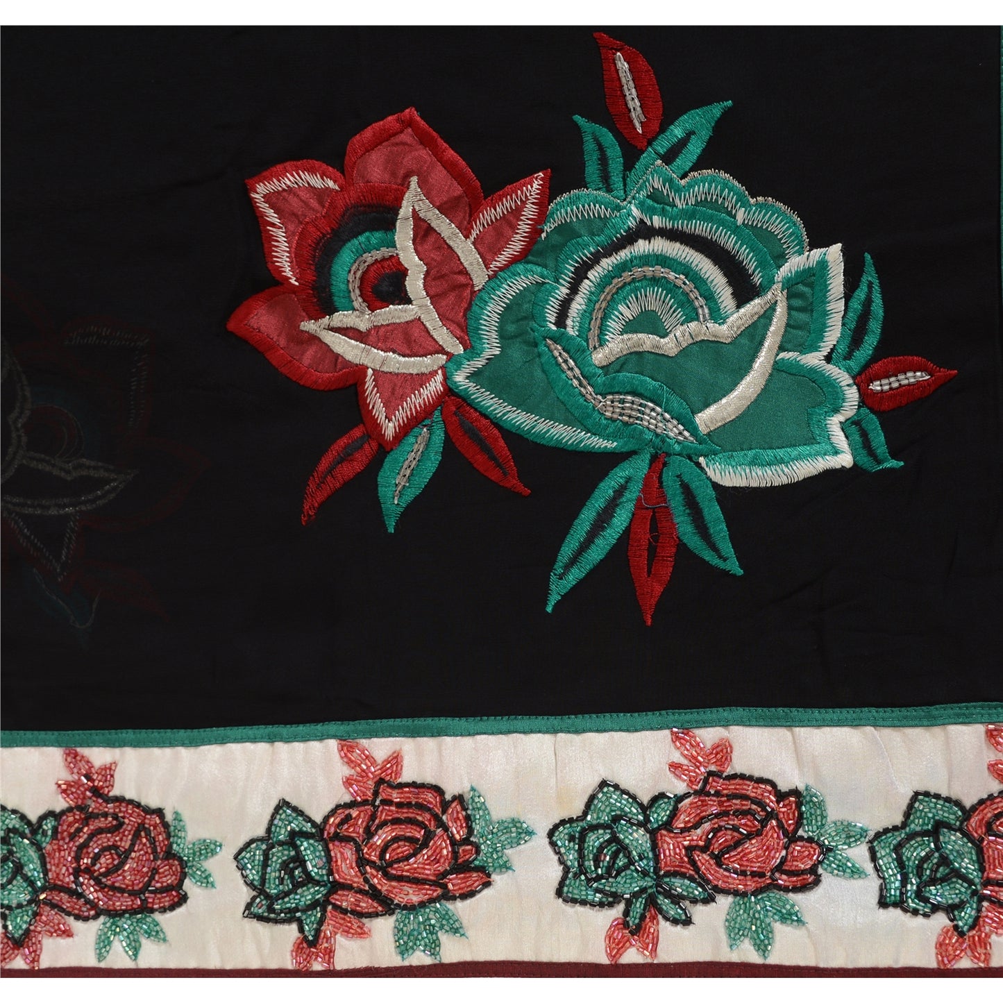 Sanskriti Vintage Indian Sarees Pure Georgette Hand Beaded Ombre Fabric 6yd Sari