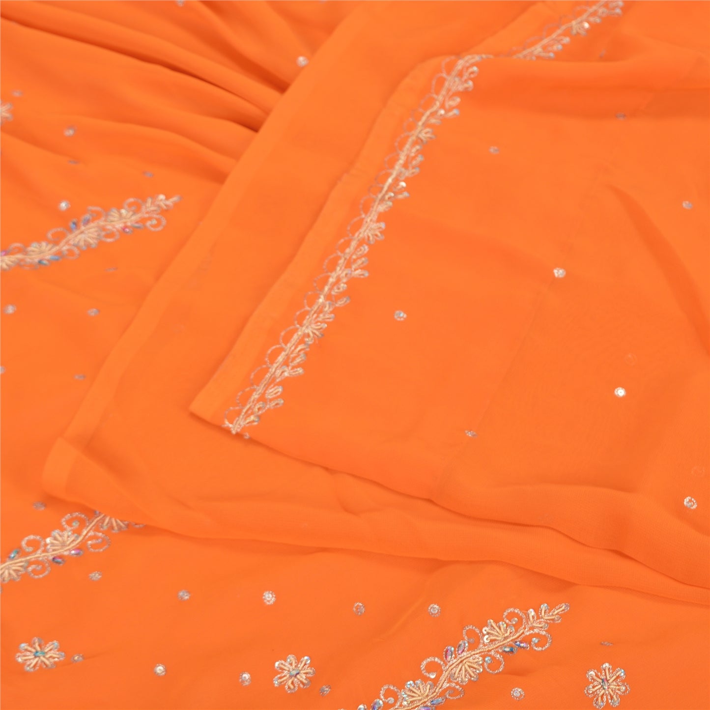 Sanskriti Vintage Orange Saree Pure Georgette Silk Hand Beaded Sustainable Fabric Sari