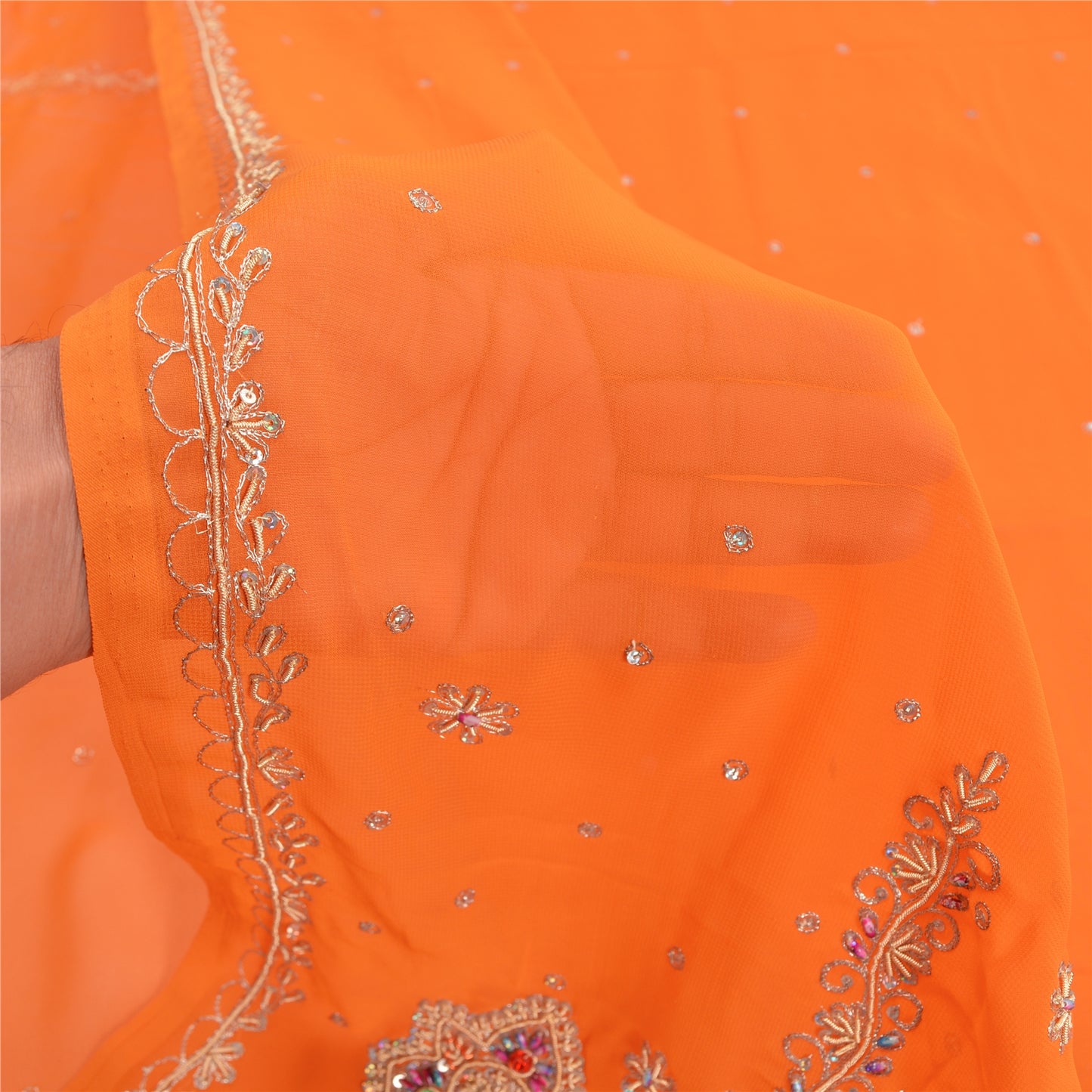 Sanskriti Vintage Orange Saree Pure Georgette Silk Hand Beaded Sustainable Fabric Sari