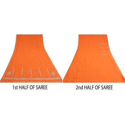 Sanskriti Vintage Orange Saree Pure Georgette Silk Hand Beaded Sustainable Fabric Sari