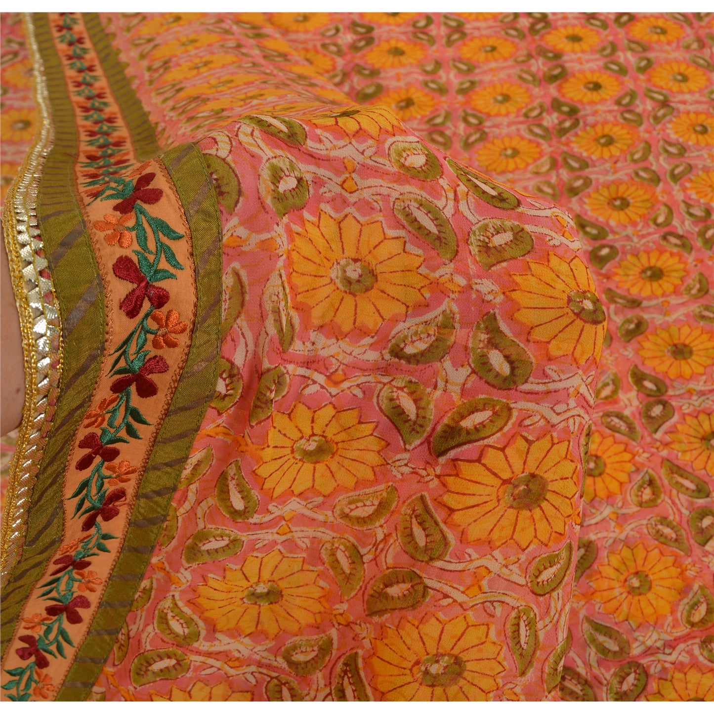Sanskriti Vintage Indian Sarees Pure Georgette Silk Embroidered Fabric 5yd Sari