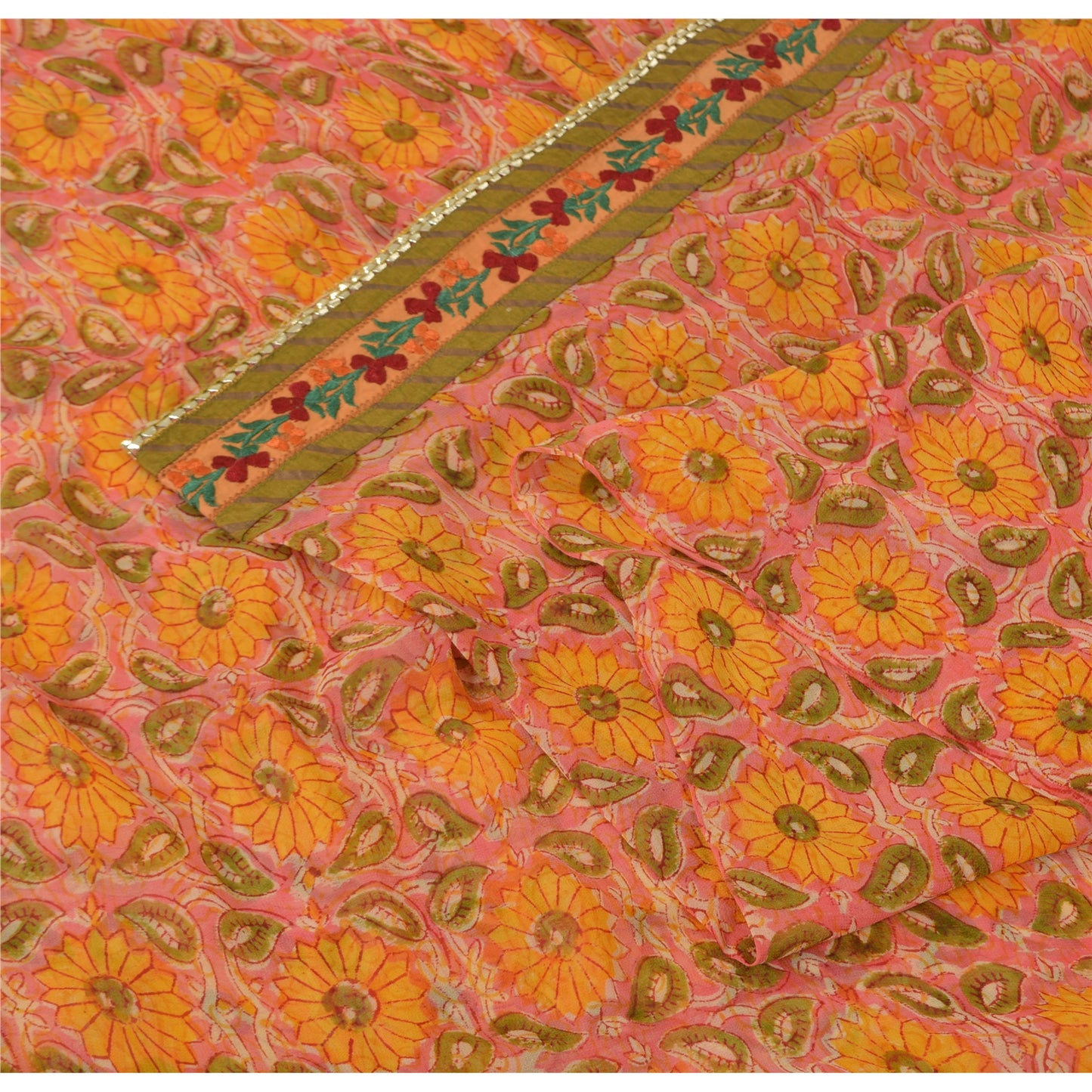 Sanskriti Vintage Indian Sarees Pure Georgette Silk Embroidered Fabric 5yd Sari