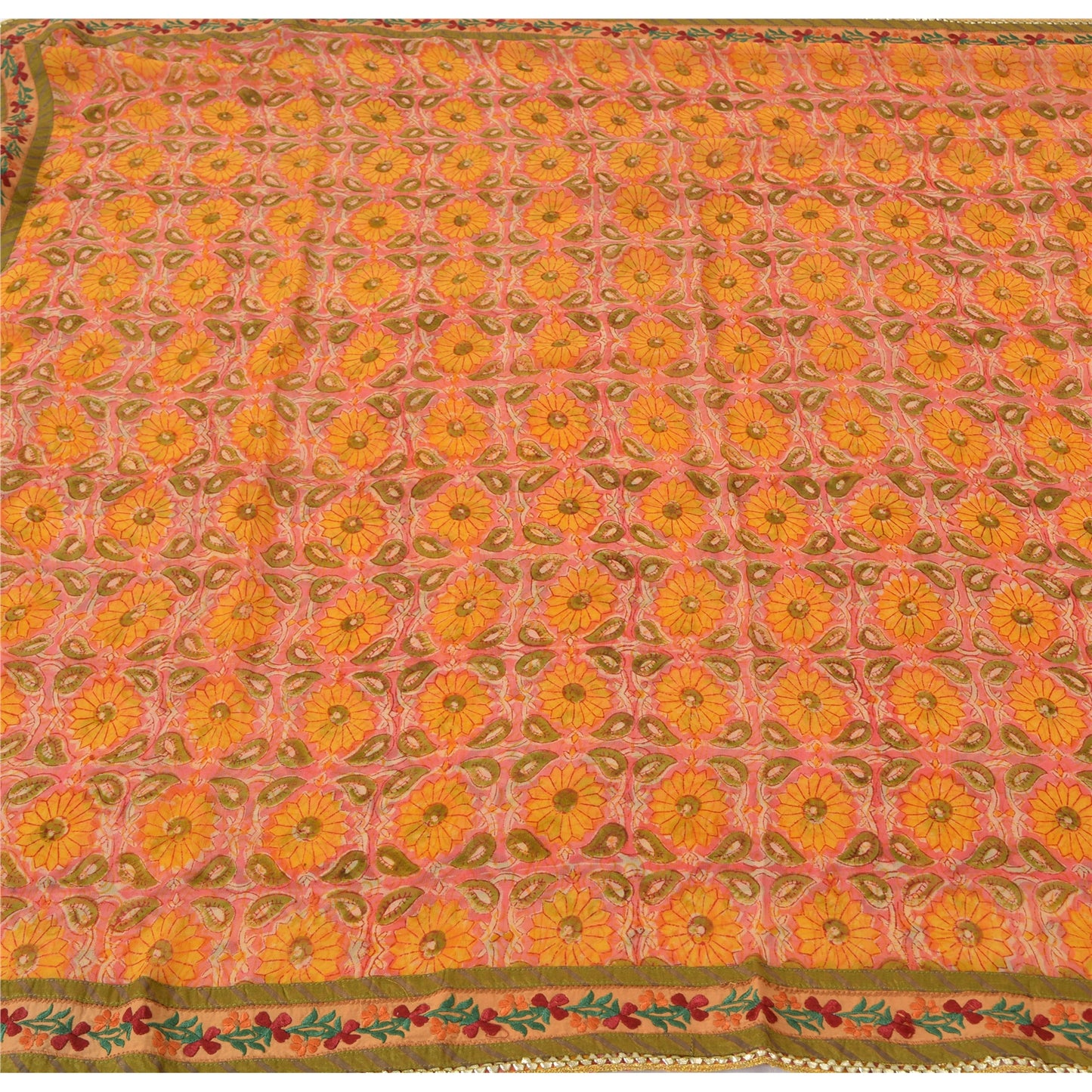 Sanskriti Vintage Indian Sarees Pure Georgette Silk Embroidered Fabric 5yd Sari