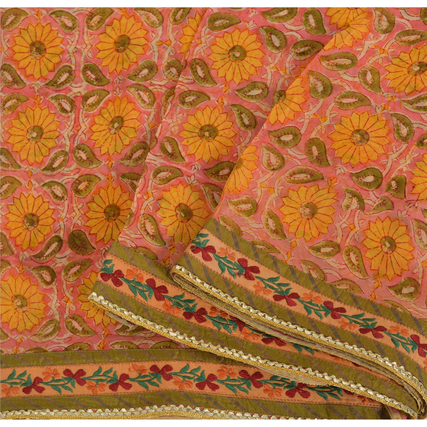 Sanskriti Vintage Indian Sarees Pure Georgette Silk Embroidered Fabric 5yd Sari