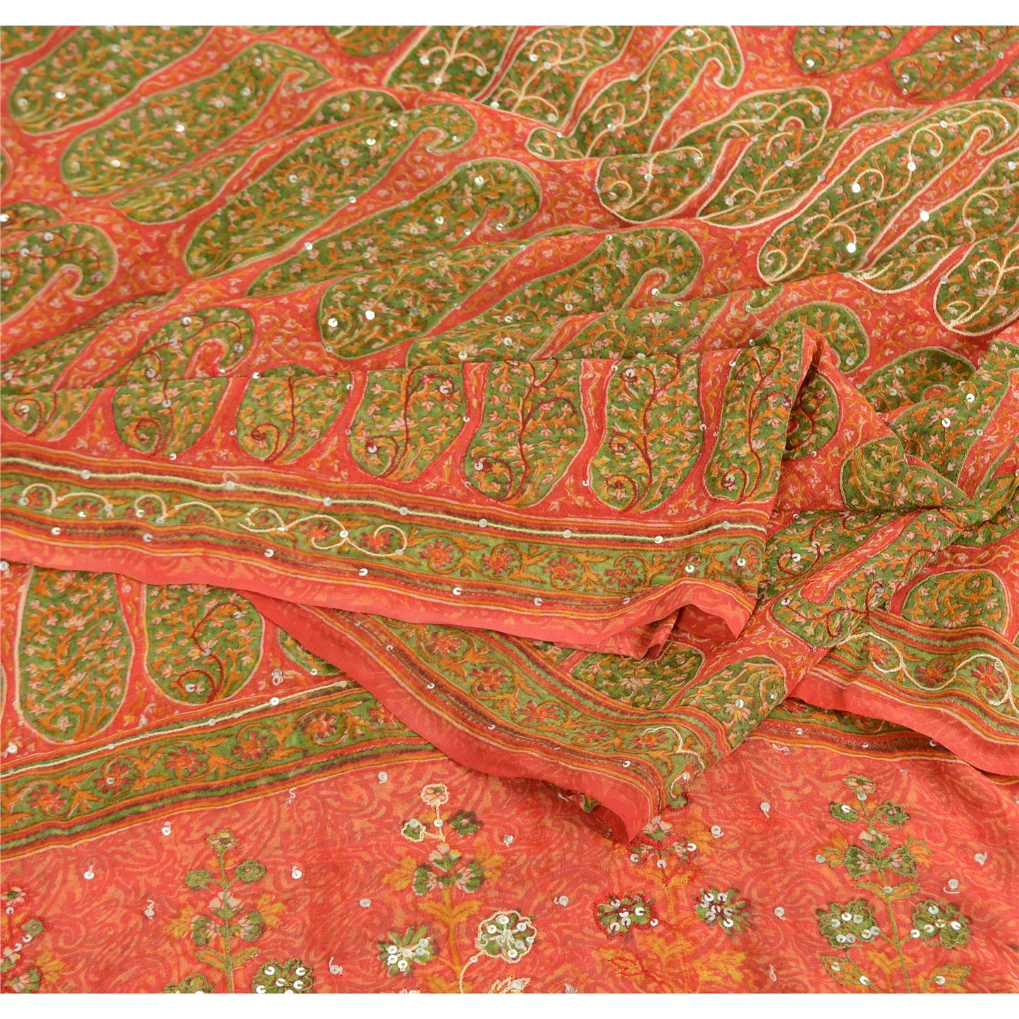 Sanskriti Vintage Red Sarees Pure Georgette Hand Beaded Premium Sari 5yrd Fabric