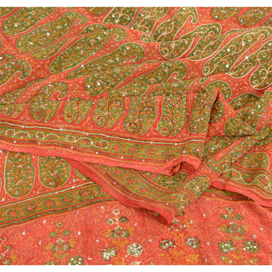Sanskriti Vintage Red Sarees Pure Georgette Hand Beaded Premium Sari 5yrd Fabric