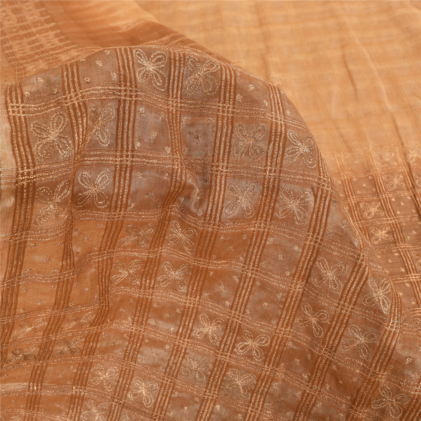 Sanskriti Vintage Sarees Pure Silk Hand Embroidery Peach & Brown Fabric 5+YDSari