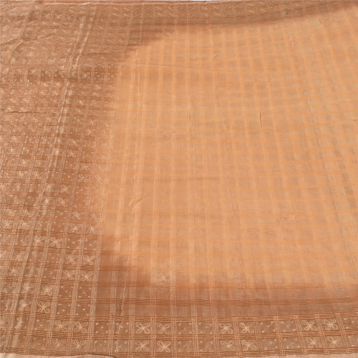 Sanskriti Vintage Sarees Pure Silk Hand Embroidery Peach & Brown Fabric 5+YDSari