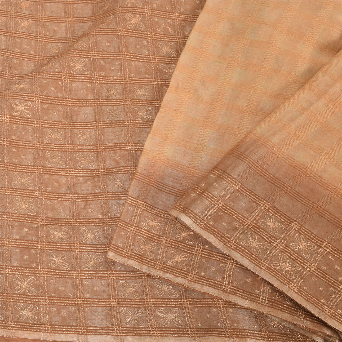 Sanskriti Vintage Sarees Pure Silk Hand Embroidery Peach & Brown Fabric 5+YDSari