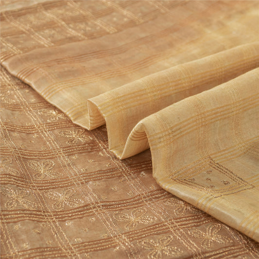 Sanskriti Vintage Sarees Pure Silk Hand Embroidery Peach & Brown Fabric 5+YDSari