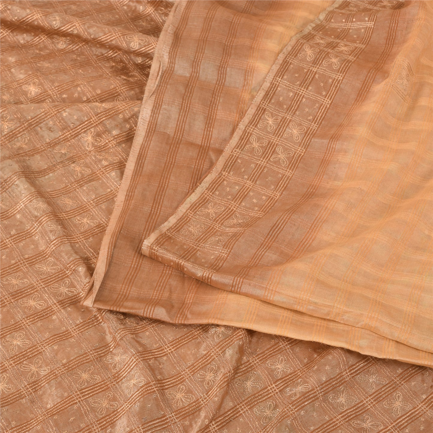Sanskriti Vintage Sarees Pure Silk Hand Embroidery Peach & Brown Fabric 5+YDSari