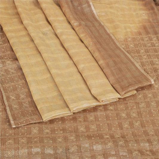 Sanskriti Vintage Sarees Pure Silk Hand Embroidery Peach & Brown Fabric 5+YDSari