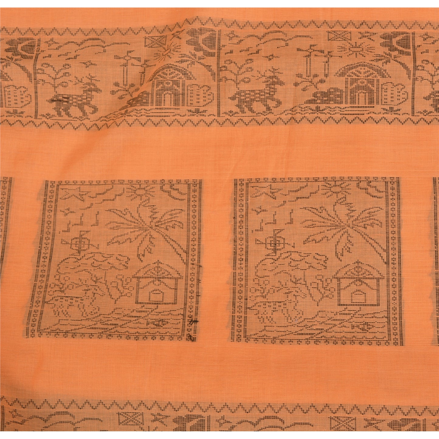 Sanskriti Vintage Sari 100% Pure Cotton Indian Tangerine Orange Saree Woven 5yd Craft Assorted Vintage Sari Scraps, Upcycled Remnant