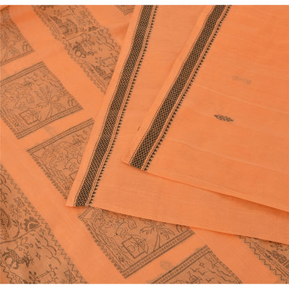 Sanskriti Vintage Sari 100% Pure Cotton Indian Tangerine Orange Saree Woven 5yd Craft Assorted Vintage Sari Scraps, Upcycled Remnant