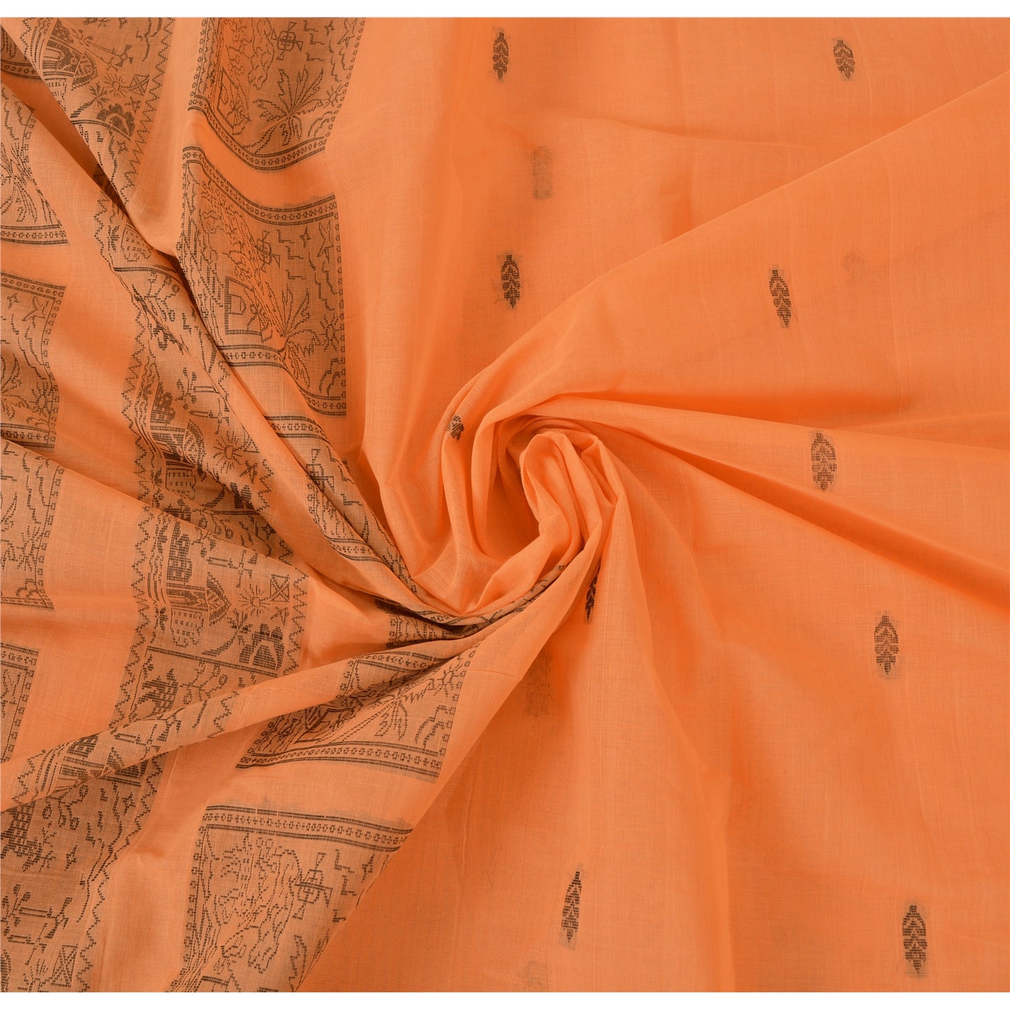 Sanskriti Vintage Sari 100% Pure Cotton Indian Tangerine Orange Saree Woven 5yd Craft Assorted Vintage Sari Scraps, Upcycled Remnant