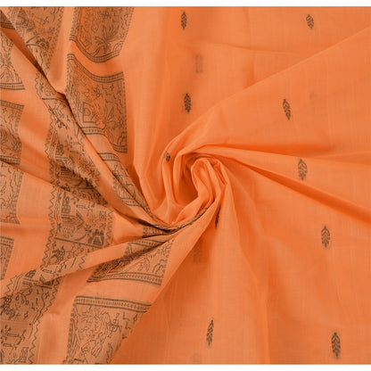 Sanskriti Vintage Sari 100% Pure Cotton Indian Tangerine Orange Saree Woven 5yd Craft Assorted Vintage Sari Scraps, Upcycled Remnant
