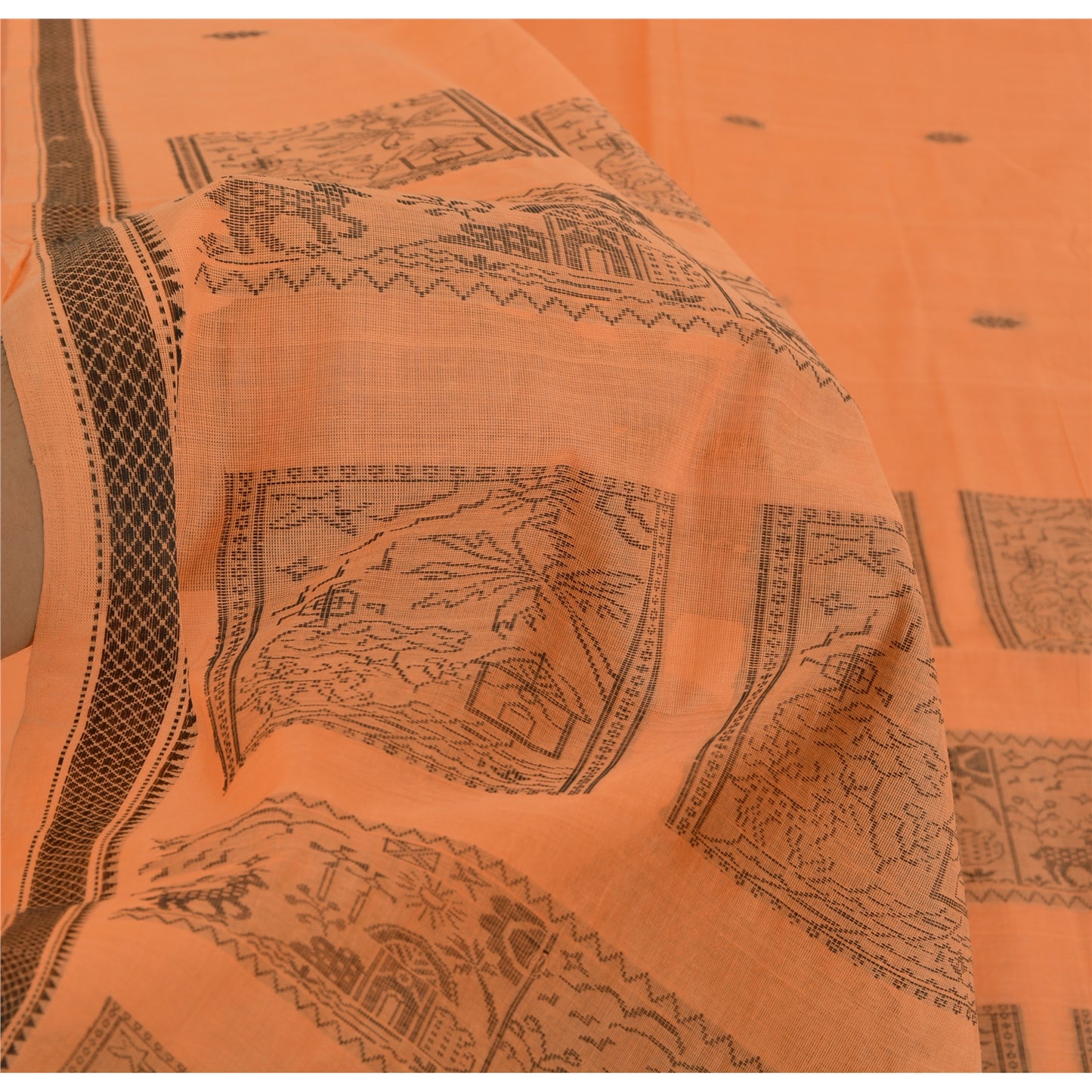 Sanskriti Vintage Sari 100% Pure Cotton Indian Tangerine Orange Saree Woven 5yd Craft Assorted Vintage Sari Scraps, Upcycled Remnant