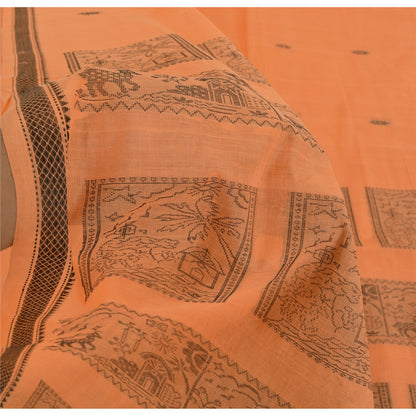 Sanskriti Vintage Sari 100% Pure Cotton Indian Tangerine Orange Saree Woven 5yd Craft Assorted Vintage Sari Scraps, Upcycled Remnant
