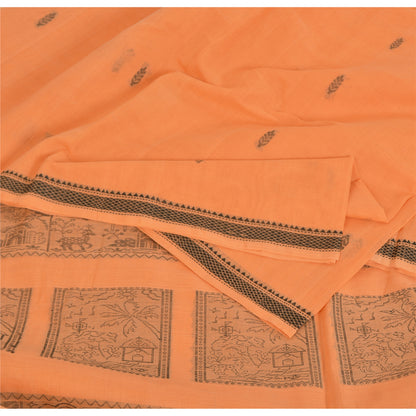 Sanskriti Vintage Sari 100% Pure Cotton Indian Tangerine Orange Saree Woven 5yd Craft Assorted Vintage Sari Scraps, Upcycled Remnant