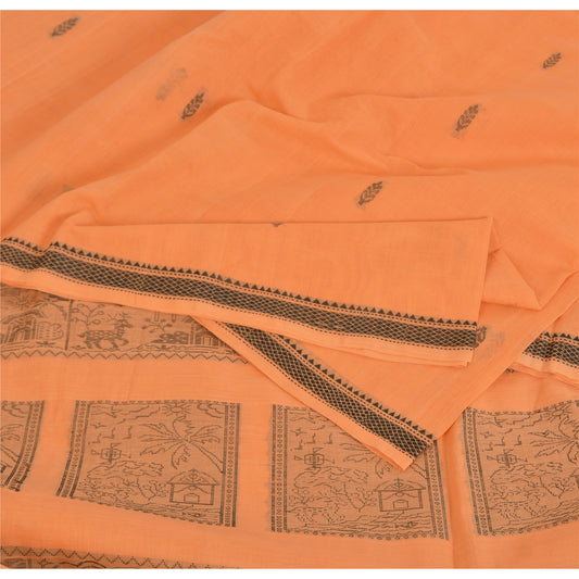 Sanskriti Vintage Sari 100% Pure Cotton Indian Tangerine Orange Saree Woven 5yd Craft Assorted Vintage Sari Scraps, Upcycled Remnant
