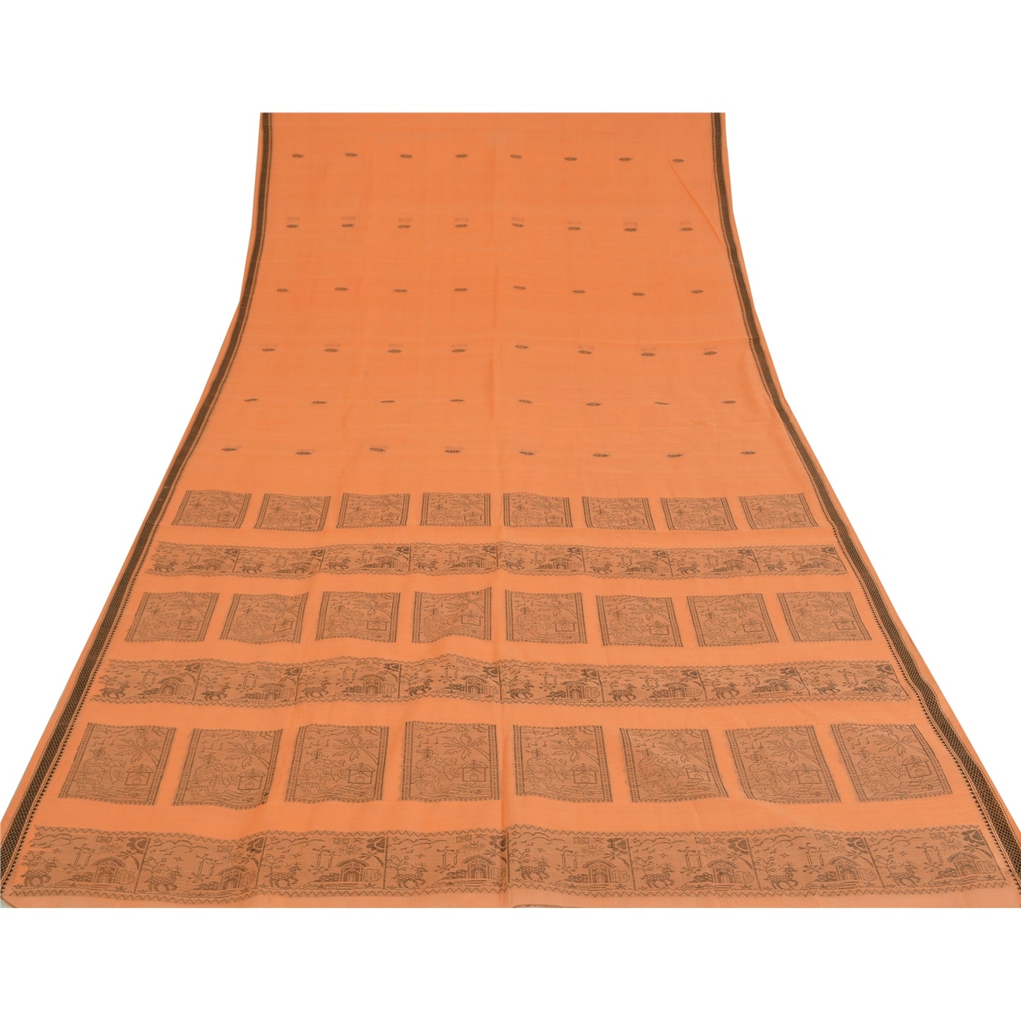 Sanskriti Vintage Sari 100% Pure Cotton Indian Tangerine Orange Saree Woven 5yd Craft Assorted Vintage Sari Scraps, Upcycled Remnant