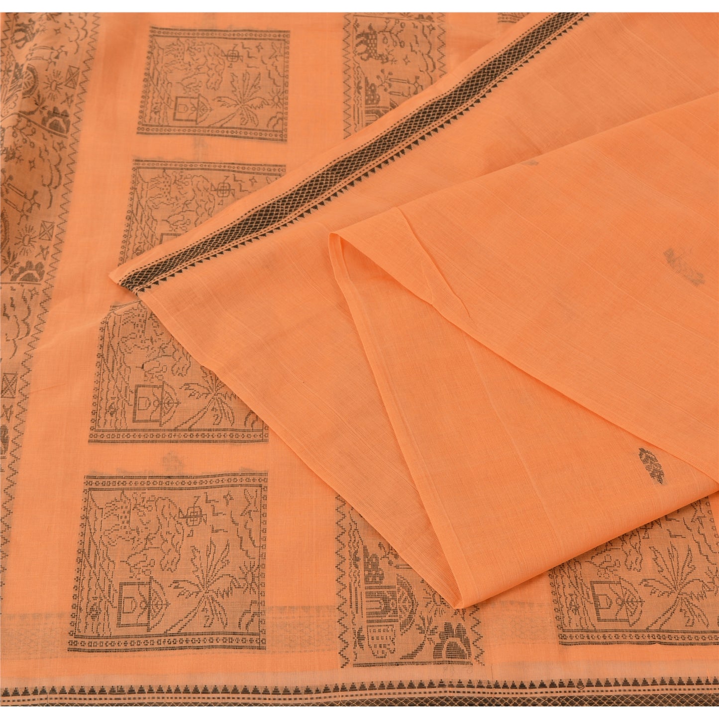 Sanskriti Vintage Sari 100% Pure Cotton Indian Tangerine Orange Saree Woven 5yd Craft Assorted Vintage Sari Scraps, Upcycled Remnant