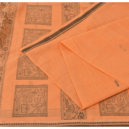 Sanskriti Vintage Sari 100% Pure Cotton Indian Tangerine Orange Saree Woven 5yd Craft Assorted Vintage Sari Scraps, Upcycled Remnant