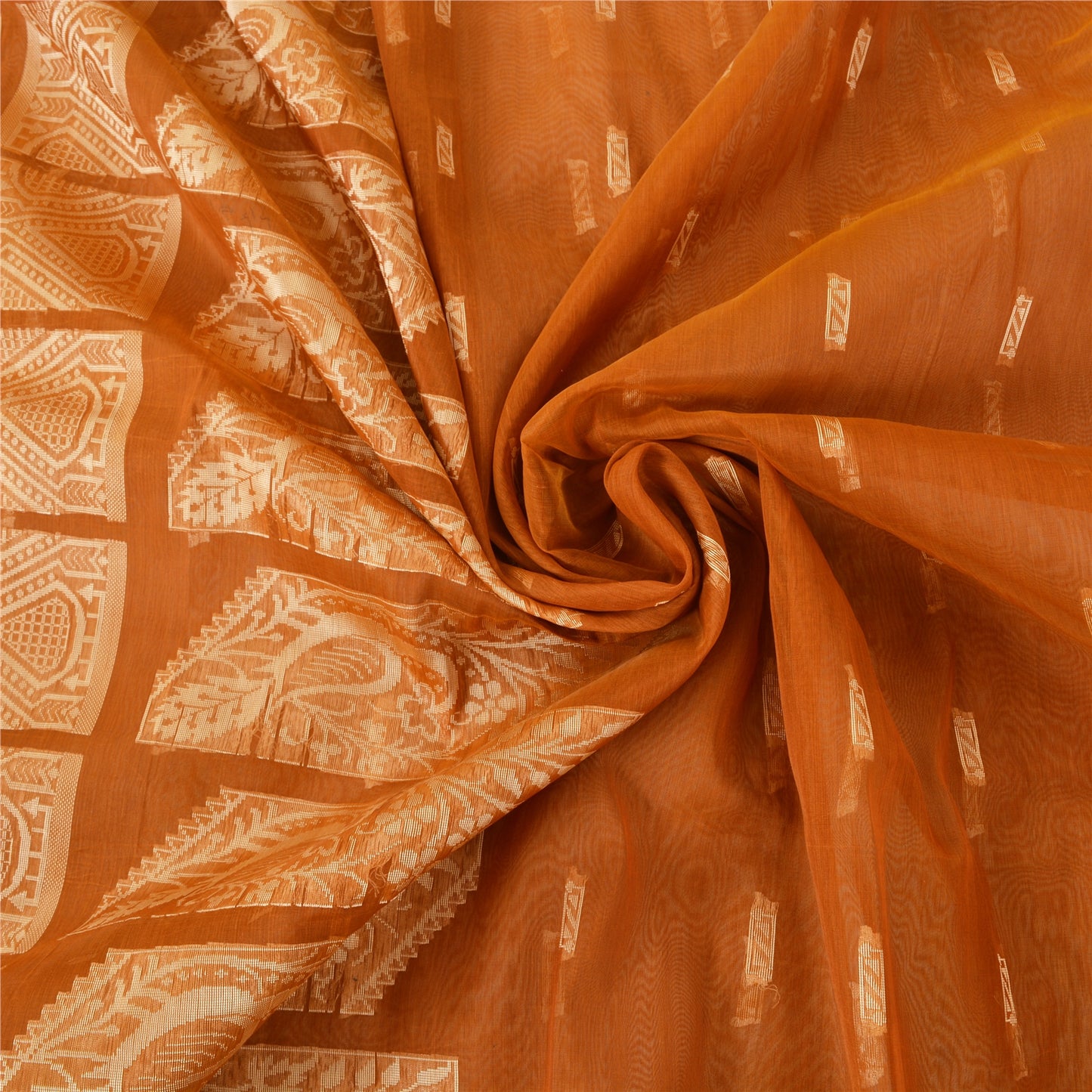 Sanskriti Vintage Handwoven Cotton Sari: Brown Indian Saree Fabric with Floral Peacock Border upholstery fabric