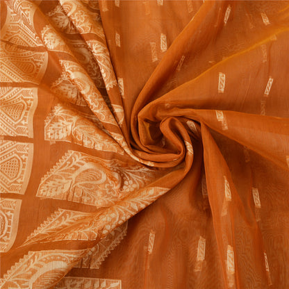 Sanskriti Vintage Handwoven Cotton Sari: Brown Indian Saree Fabric with Floral Peacock Border upholstery fabric