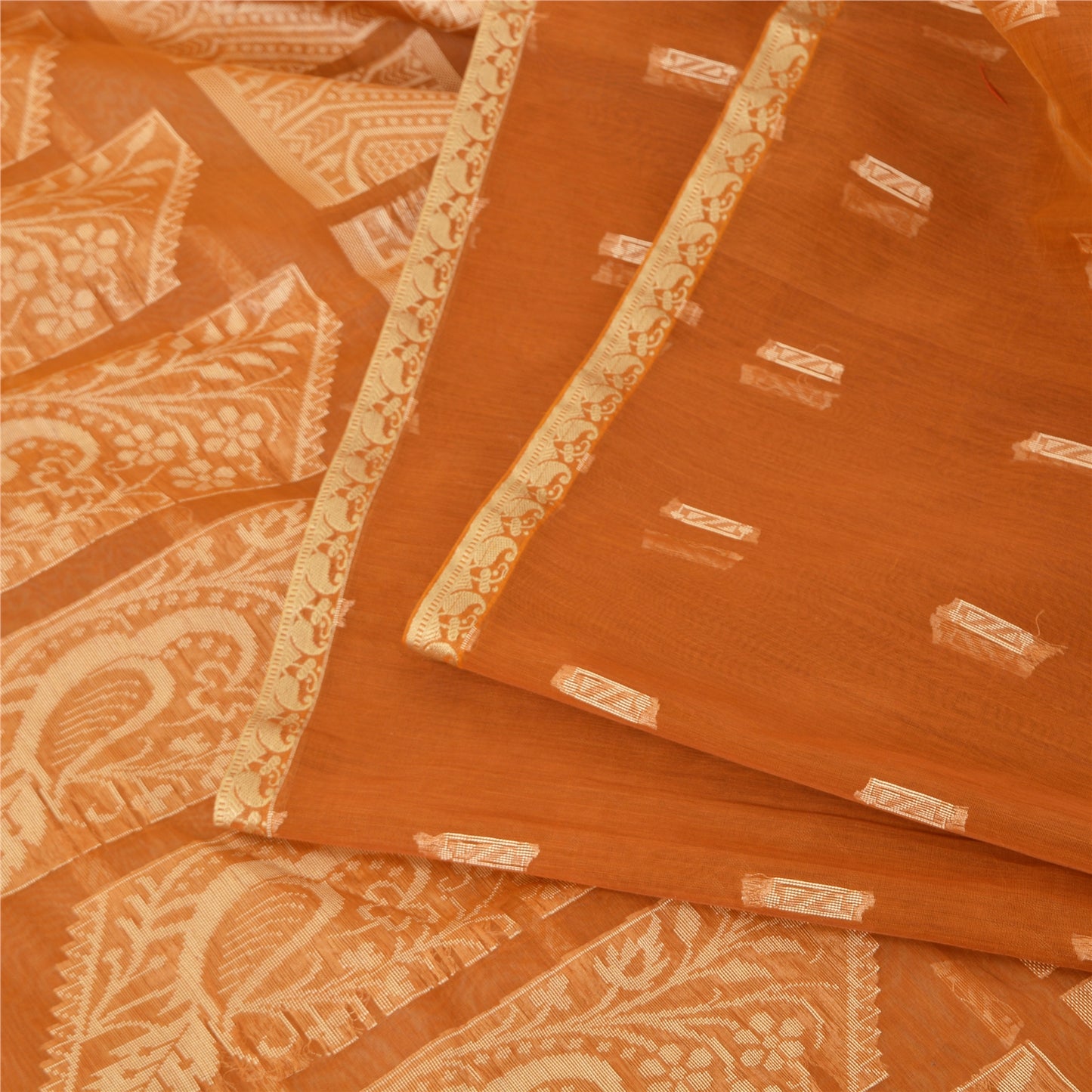 Sanskriti Vintage Handwoven Cotton Sari: Brown Indian Saree Fabric with Floral Peacock Border upholstery fabric