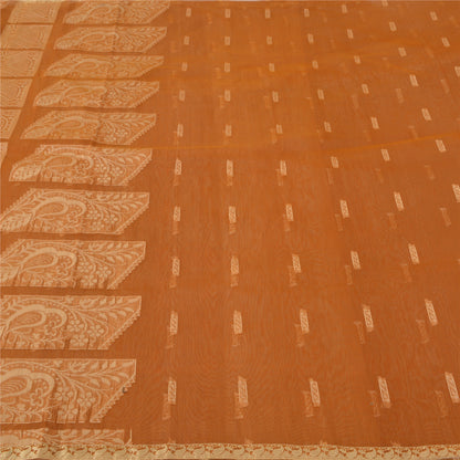 Sanskriti Vintage Handwoven Cotton Sari: Brown Indian Saree Fabric with Floral Peacock Border upholstery fabric