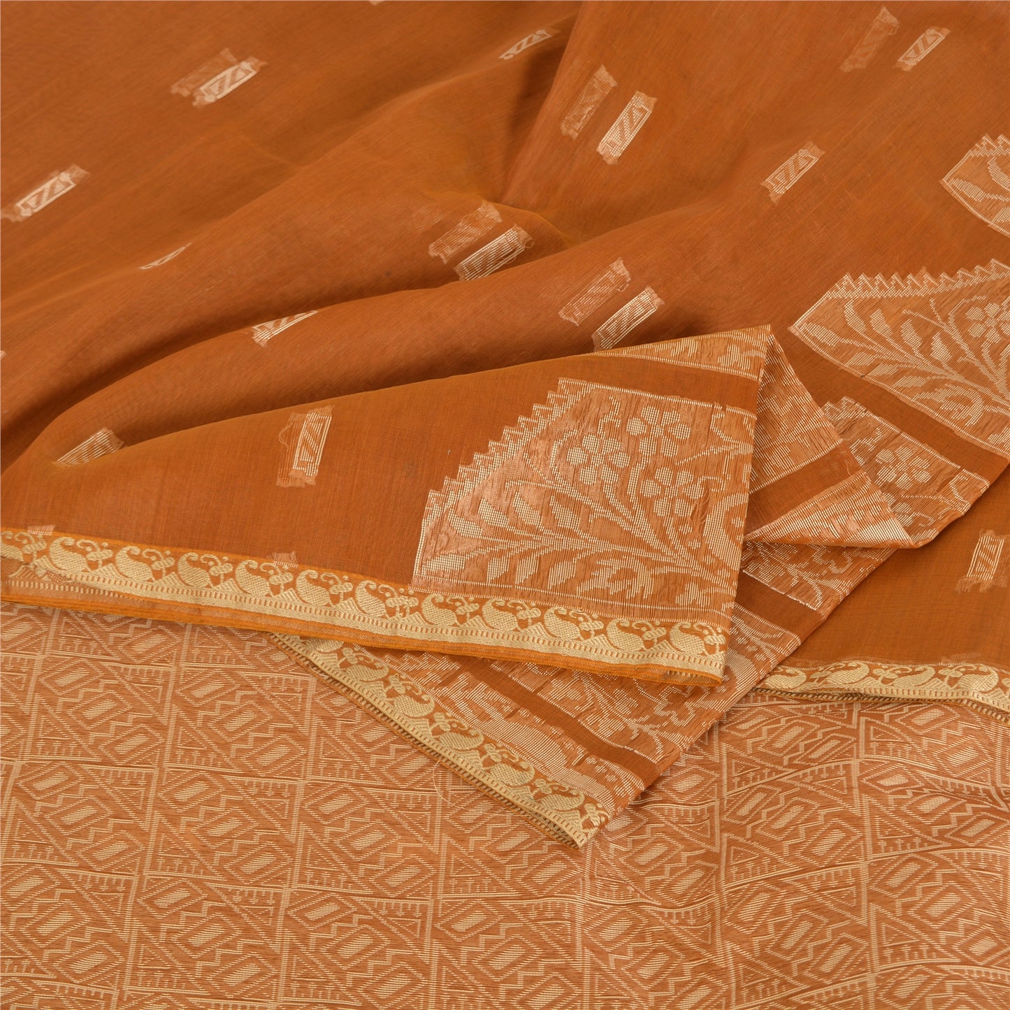 Sanskriti Vintage Handwoven Cotton Sari: Brown Indian Saree Fabric with Floral Peacock Border upholstery fabric