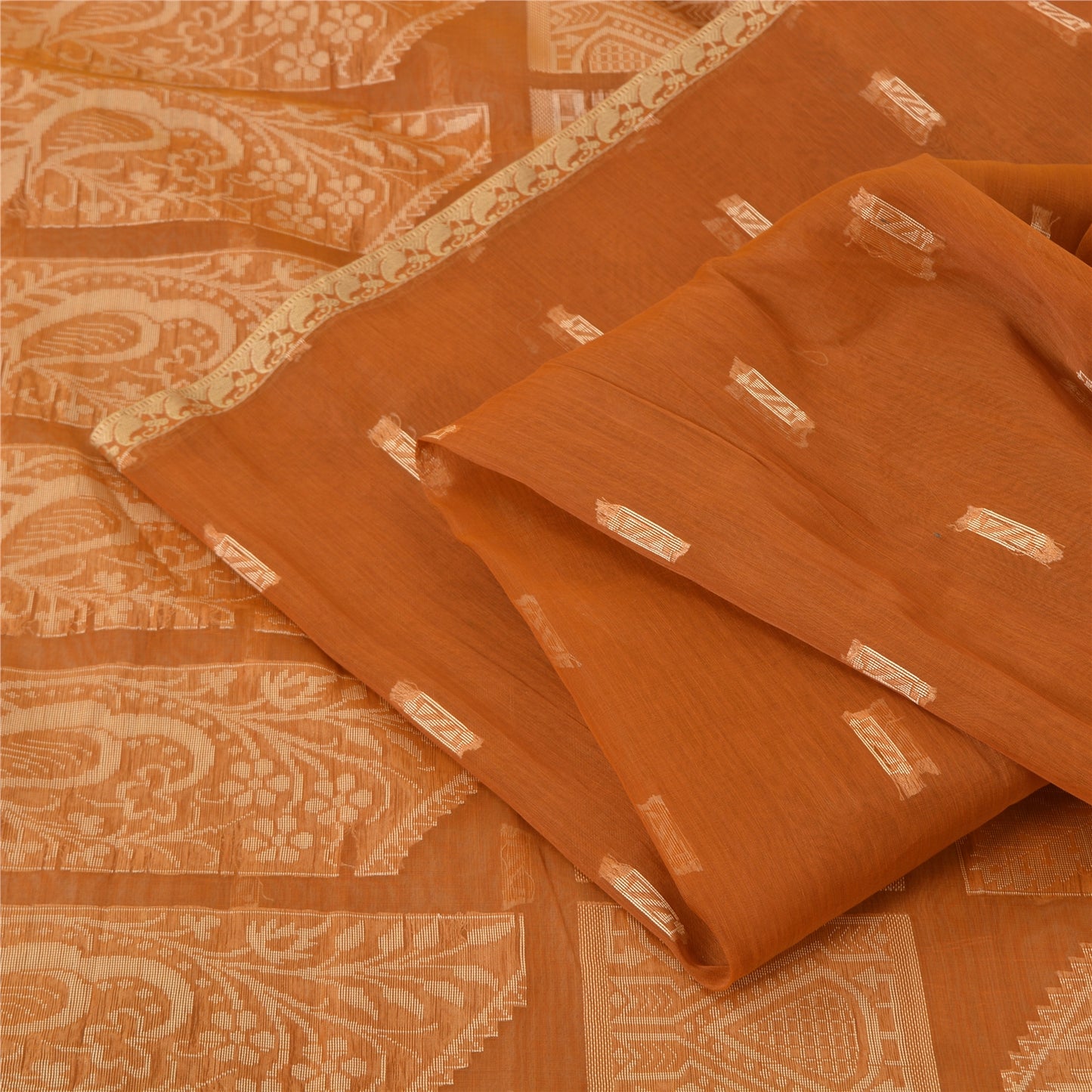 Sanskriti Vintage Handwoven Cotton Sari: Brown Indian Saree Fabric with Floral Peacock Border upholstery fabric
