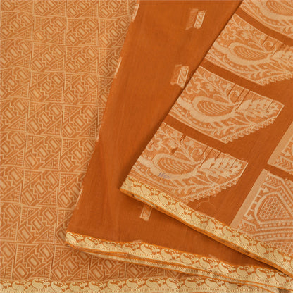 Sanskriti Vintage Handwoven Cotton Sari: Brown Indian Saree Fabric with Floral Peacock Border upholstery fabric