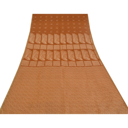 Sanskriti Vintage Handwoven Cotton Sari: Brown Indian Saree Fabric with Floral Peacock Border upholstery fabric